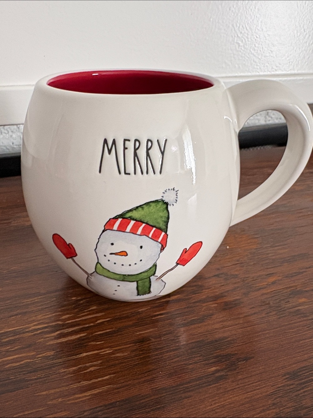 RAE DUNN ‘Merry’ Snowman Ceramic Holiday Mug with Red Interior